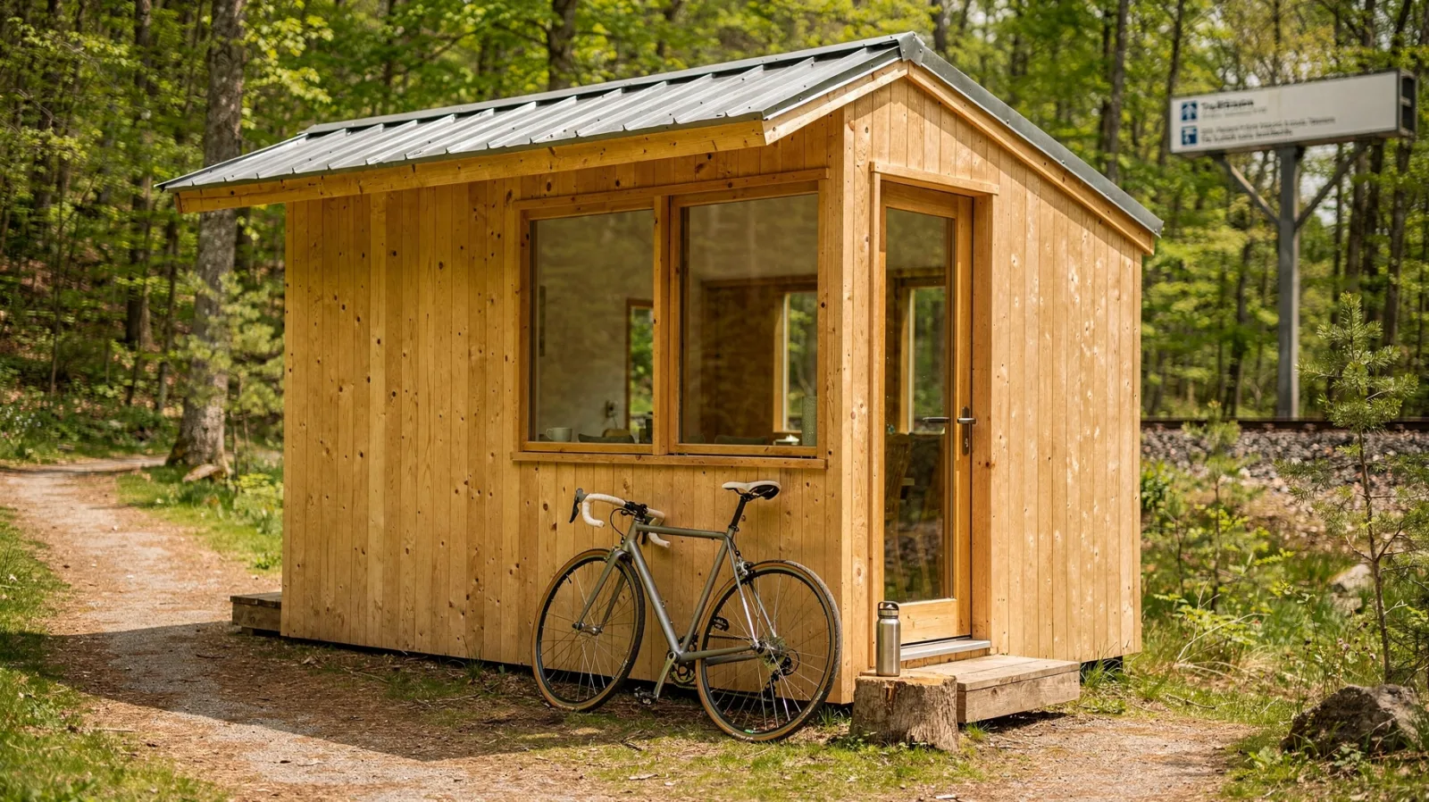 Nachhaltiger Kurzurlaub: kleine Holzhütte am Waldweg mit Fahrrad und Trinkflasche