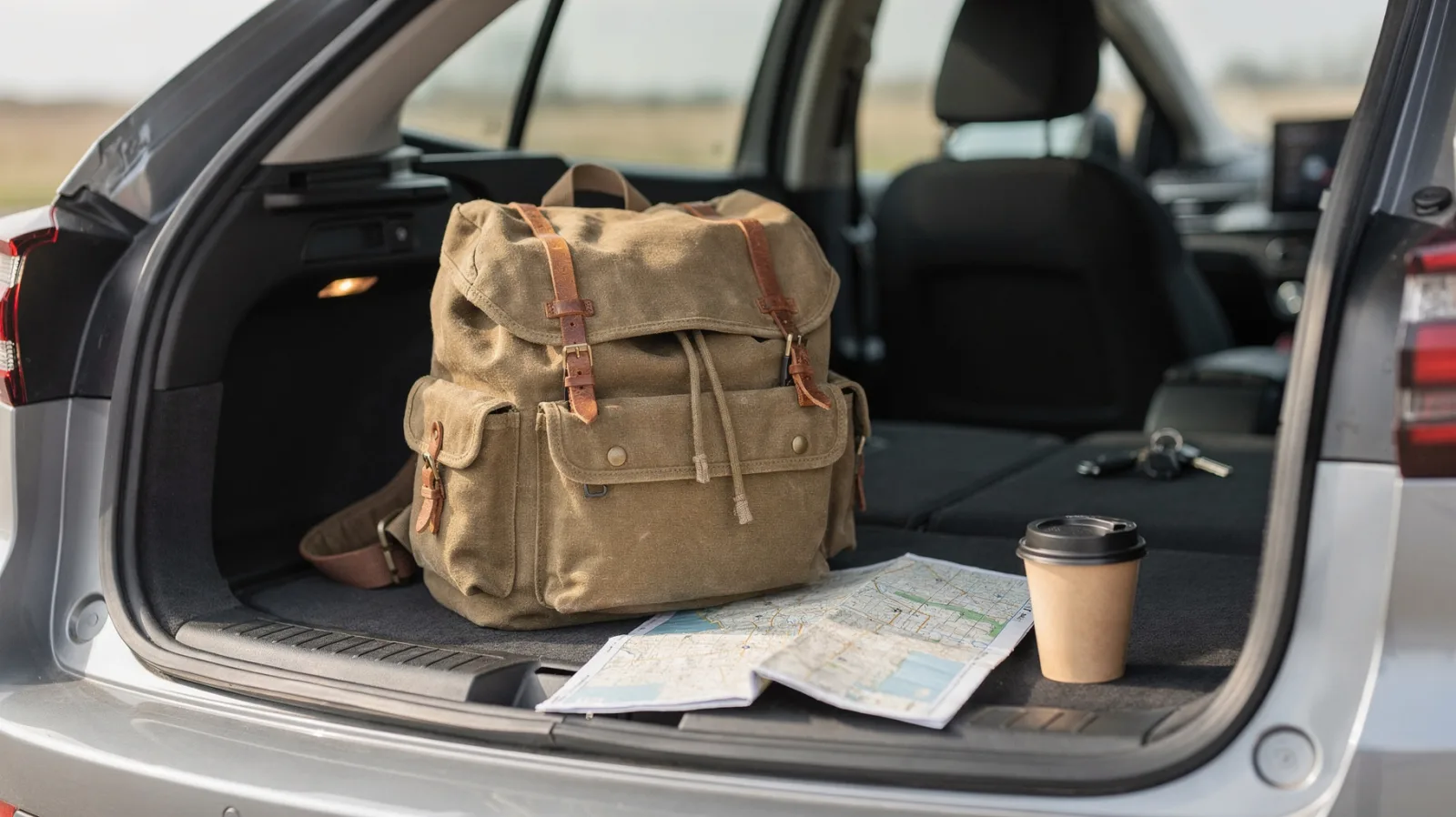 Gepackter Kofferraum mit Reisetasche, Karte und Autoschlüssel für einen spontanen Solo-Roadtrip